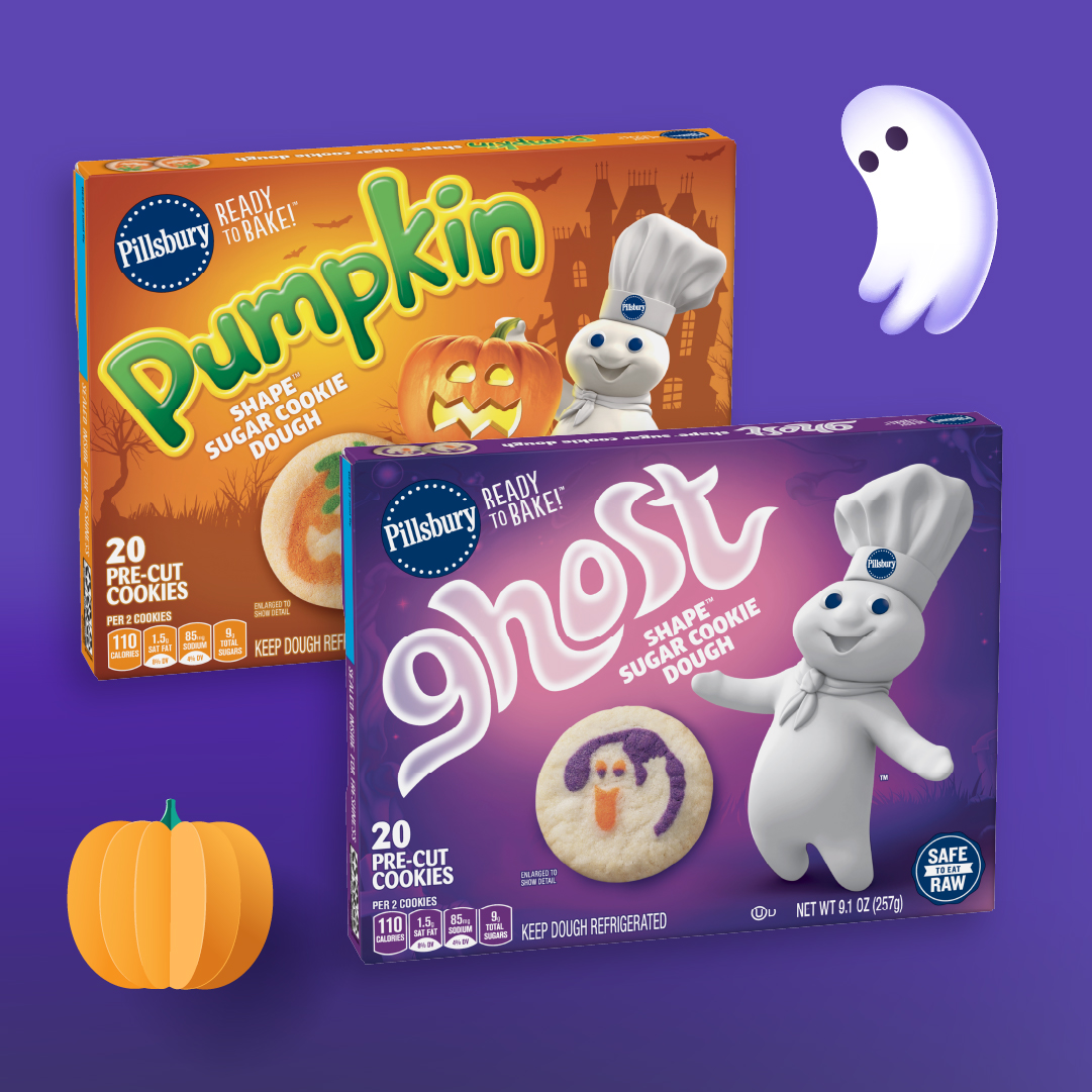 Pillsbury Halloween Shape Cookie boxes displayed on a purple background with ghost and pumpkin illustrations.